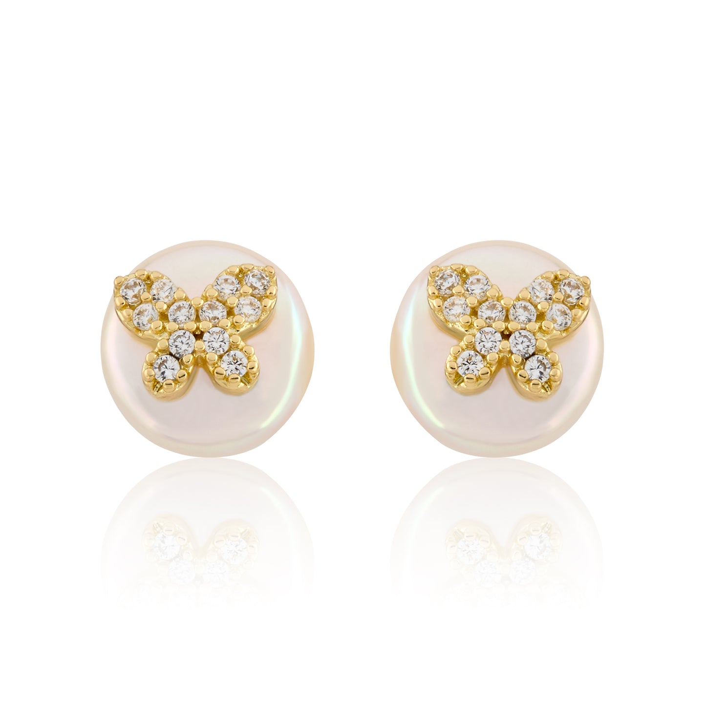 14K Gold Plated Cz Butterfly Over 10mm Pearl Stud Earring Wholesale