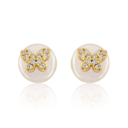 14K Gold Plated Cz Butterfly Over 10mm Pearl Stud Earring Wholesale