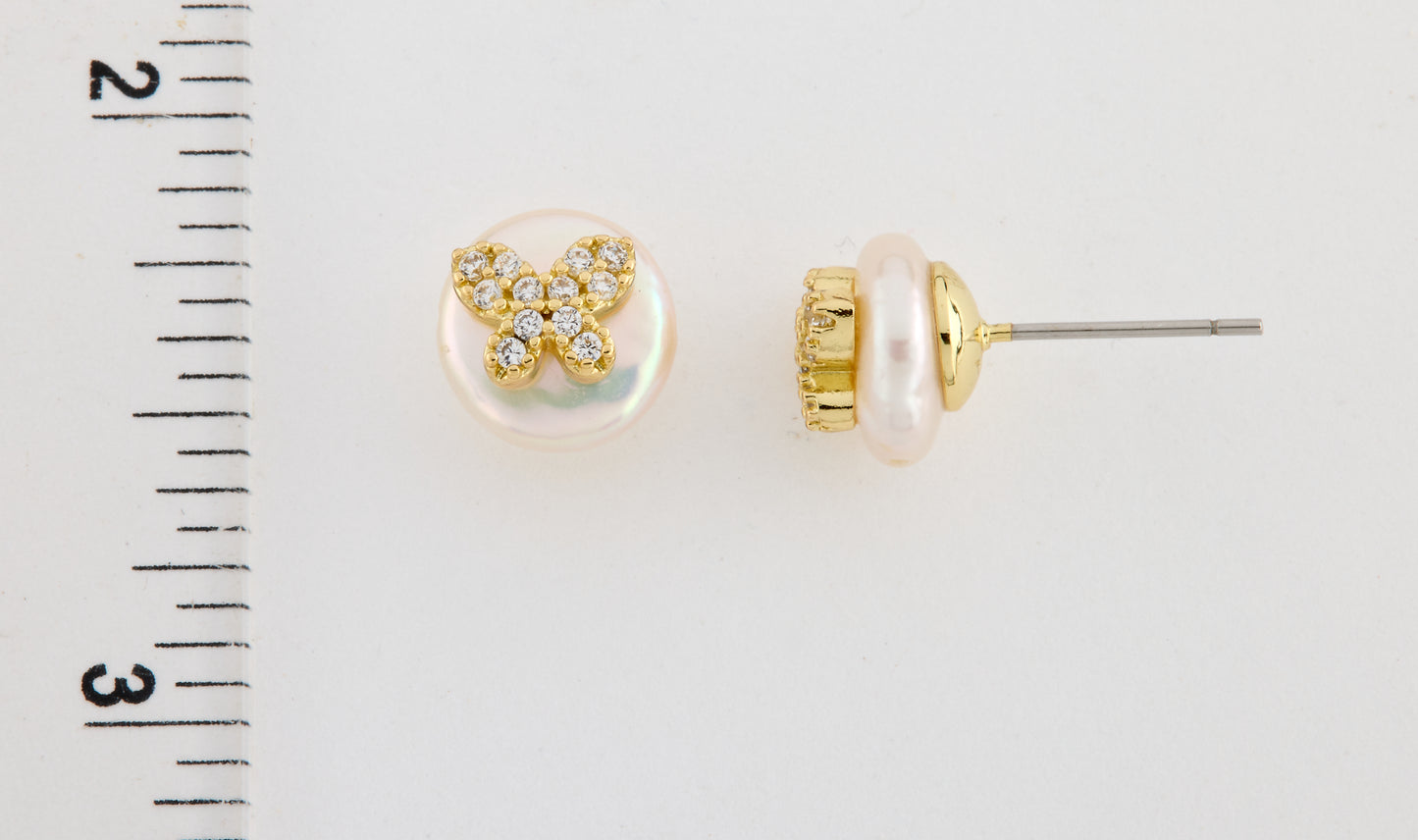 14K Gold Plated Cz Butterfly Over 10mm Pearl Stud Earring Wholesale