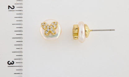 14K Gold Plated Cz Butterfly Over 10mm Pearl Stud Earring Wholesale