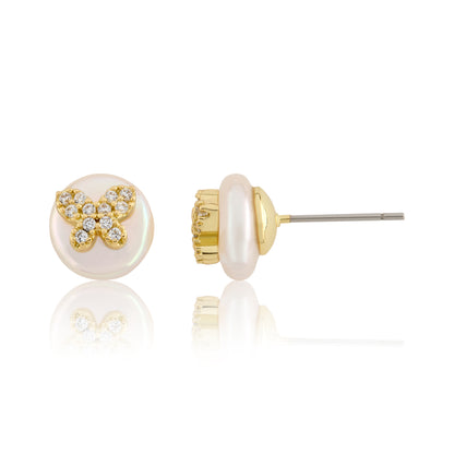 14K Gold Plated Cz Butterfly Over 10mm Pearl Stud Earring Wholesale