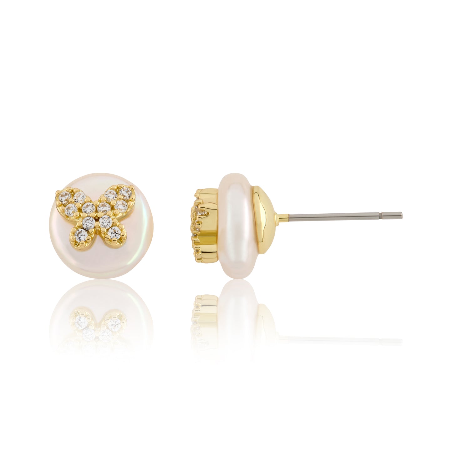 14K Gold Plated Cz Butterfly Over 10mm Pearl Stud Earring