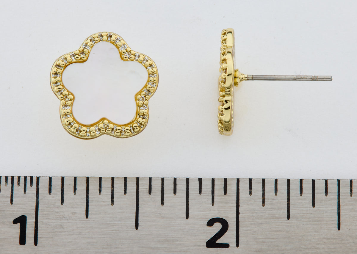 14K Gold Plated Cz Framed Mother Of Pearl Large Flower Stud Earring Wholesale