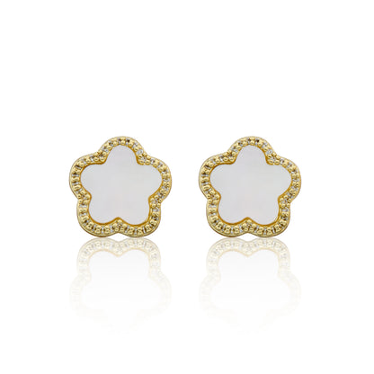 14K Gold Plated Cz Framed Mother Of Pearl Large Flower Stud Earring Wholesale