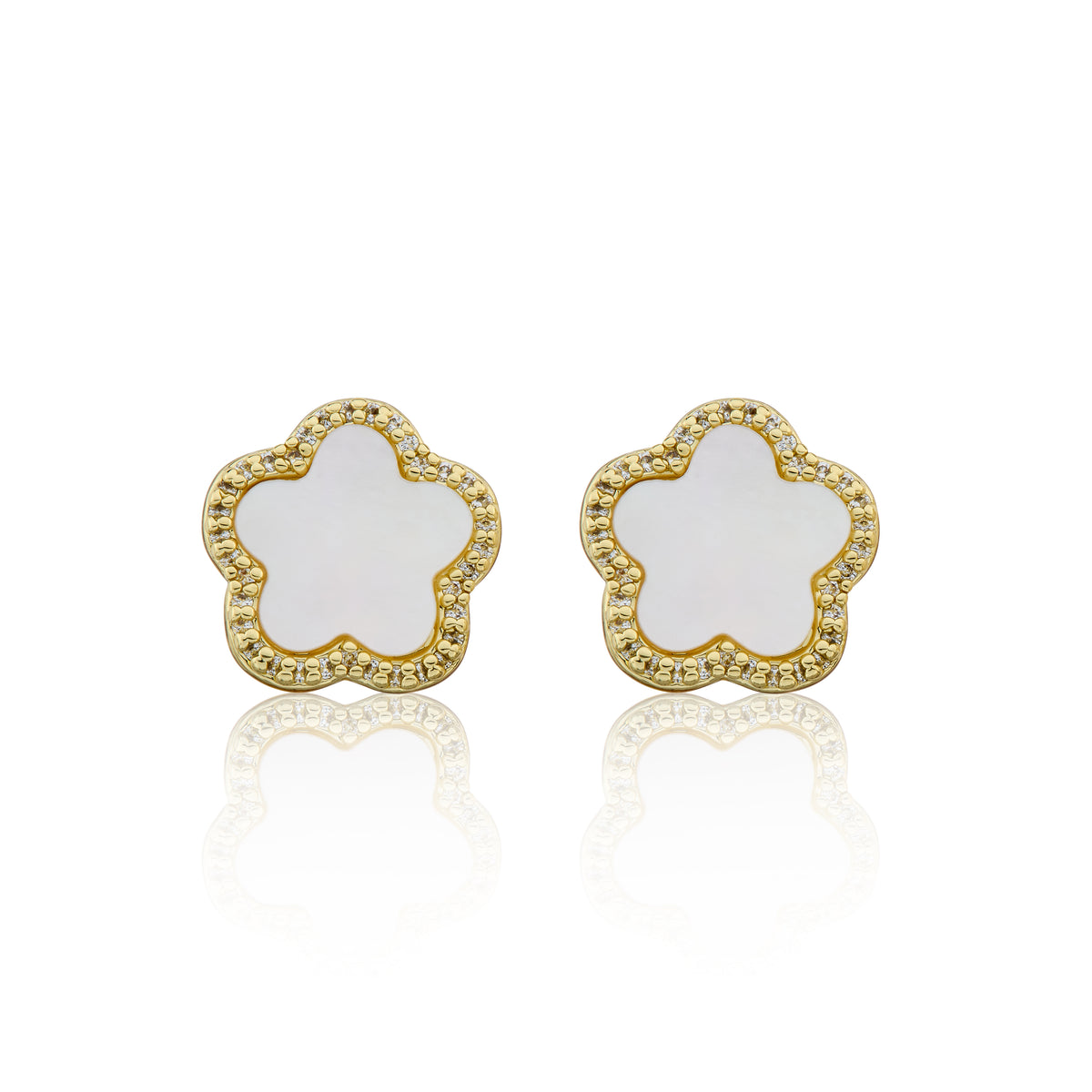 14K Gold Plated Cz Framed Mother Of Pearl Large Flower Stud Earring