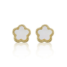 14K Gold Plated Cz Framed Mother Of Pearl Large Flower Stud Earring