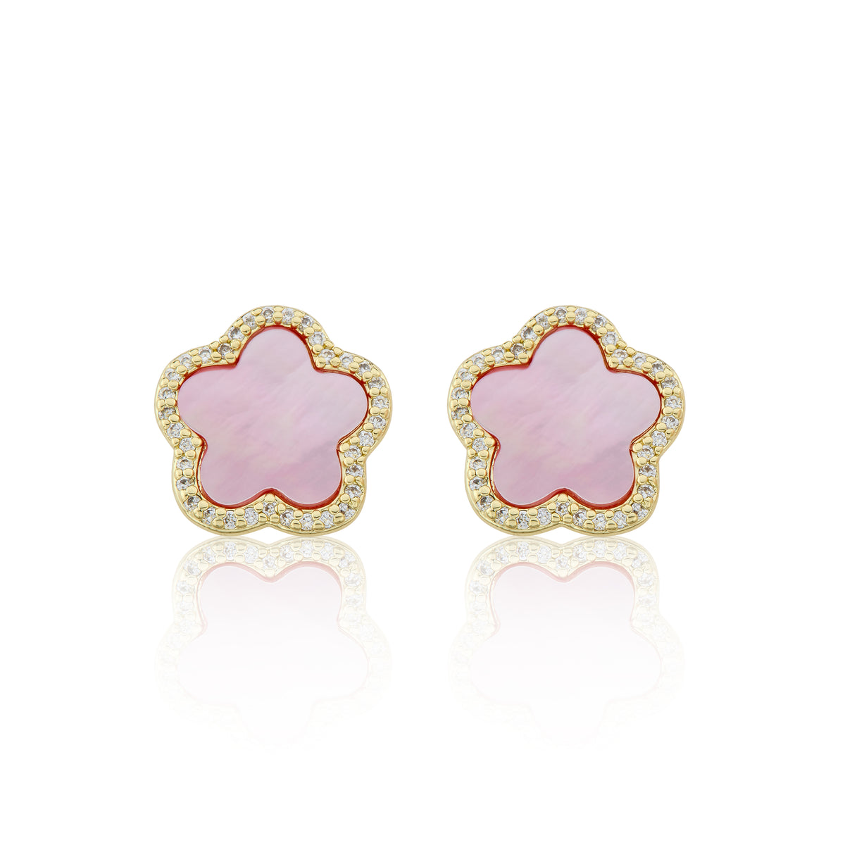 14K Gold Plated Cz Framed Mother Of Pearl Large Flower Stud Earring Wholesale