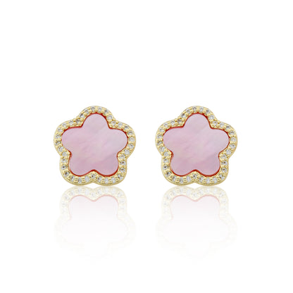 14K Gold Plated Cz Framed Mother Of Pearl Large Flower Stud Earring Wholesale