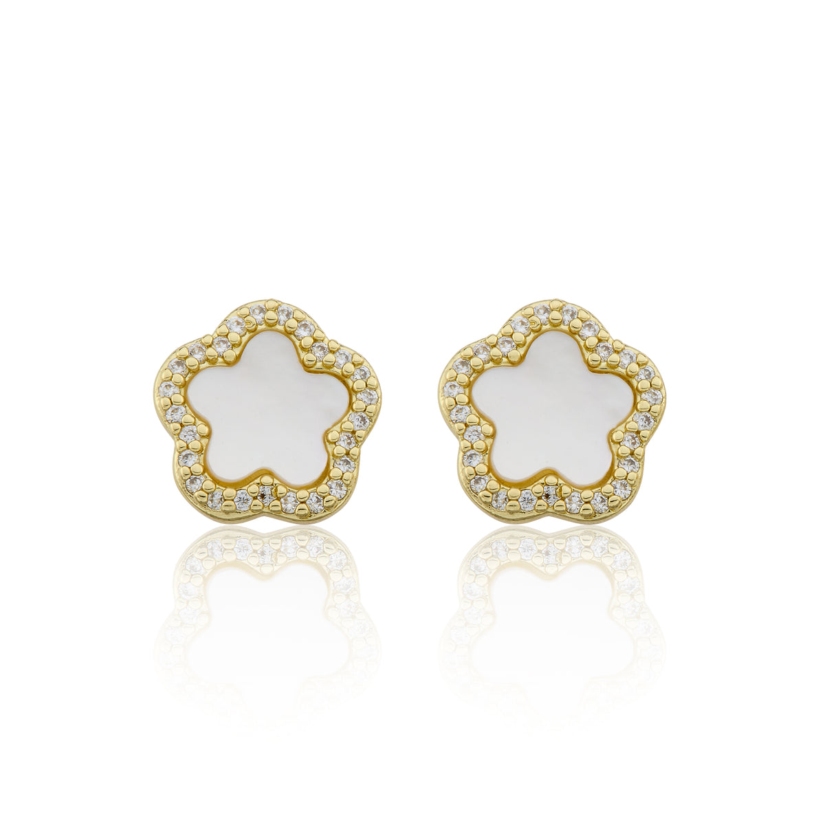 14K Gold Plated Cz Framed Mother Of Pearl Flower Stud Earring Wholesale
