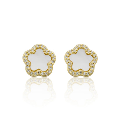 14K Gold Plated Cz Framed Mother Of Pearl Flower Stud Earring Wholesale