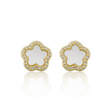 14K Gold Plated Cz Framed Mother Of Pearl Flower Stud Earring