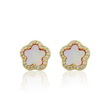 14K Gold Plated Cz Framed Mother Of Pearl Flower Stud Earring Wholesale