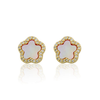 14K Gold Plated Cz Framed Mother Of Pearl Flower Stud Earring