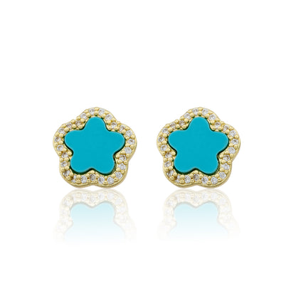 14K Gold Plated Cz Framed Mother Of Pearl Flower Stud Earring Wholesale