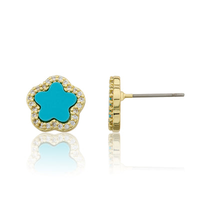 14K Gold Plated Cz Framed Mother Of Pearl Flower Stud Earring