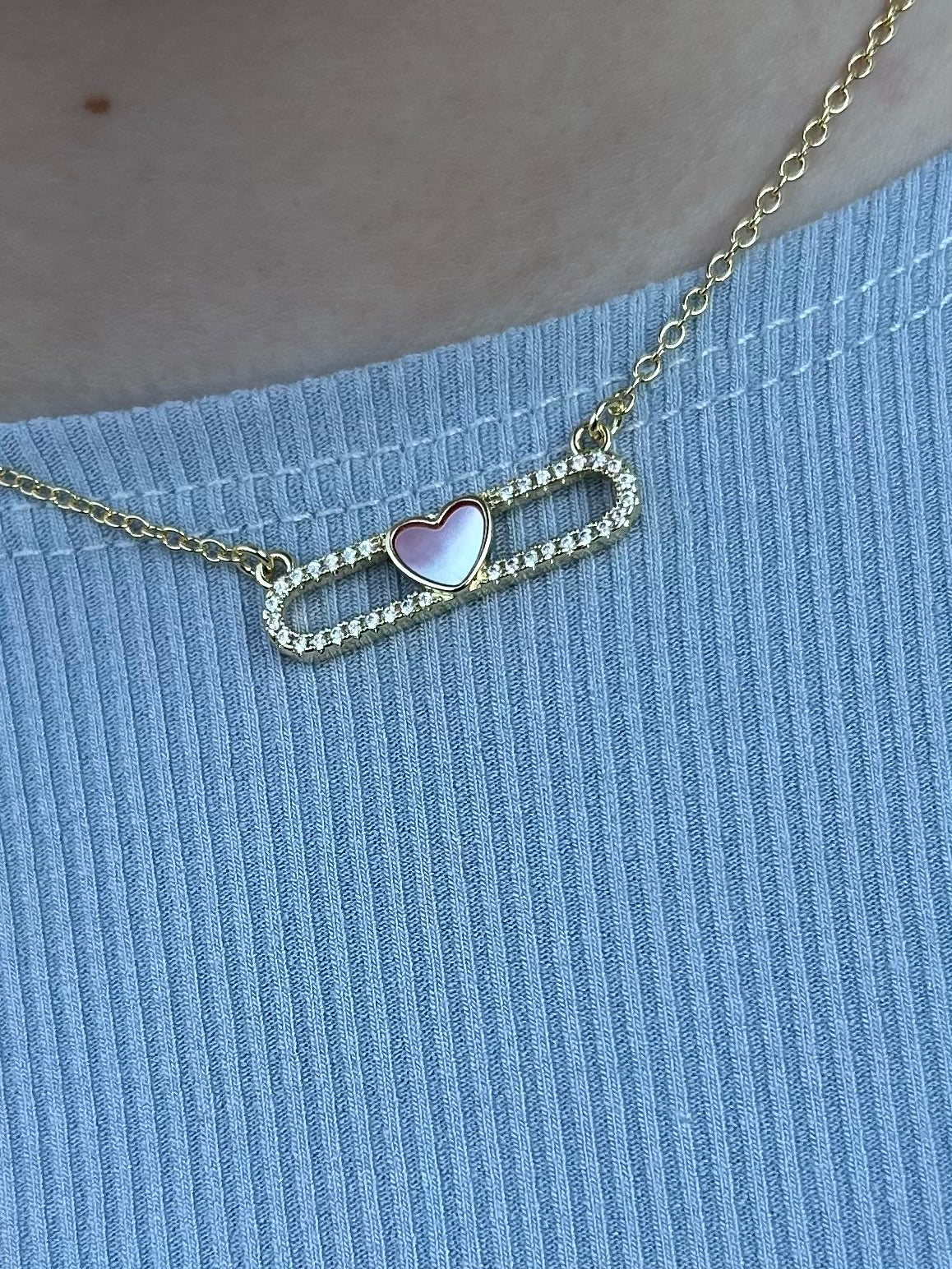 14K Gold Plated Necklace Accented With Cz & Mother Of Pearl Heart Bar Center Wholesale