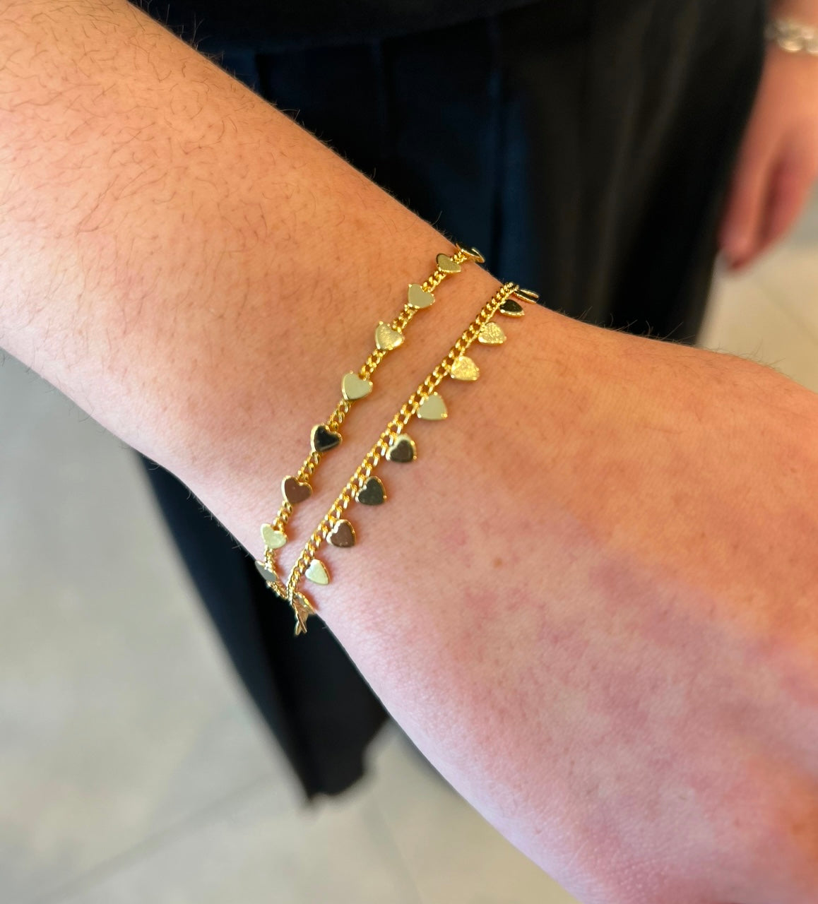 14K Gold Plated Link & Small Hearts Dangles Bracelet