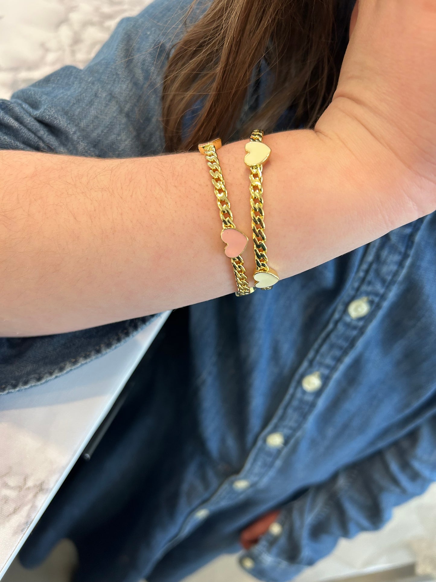 Link Bangle Accented With Enamel Hearts