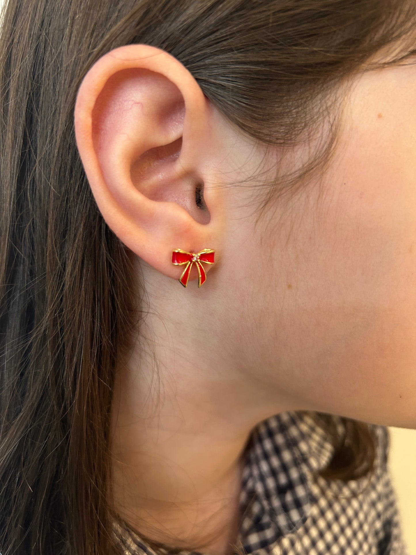 LMTS Classic! 14k Gold Plated Cz Center Enamel Bow Stud Earring