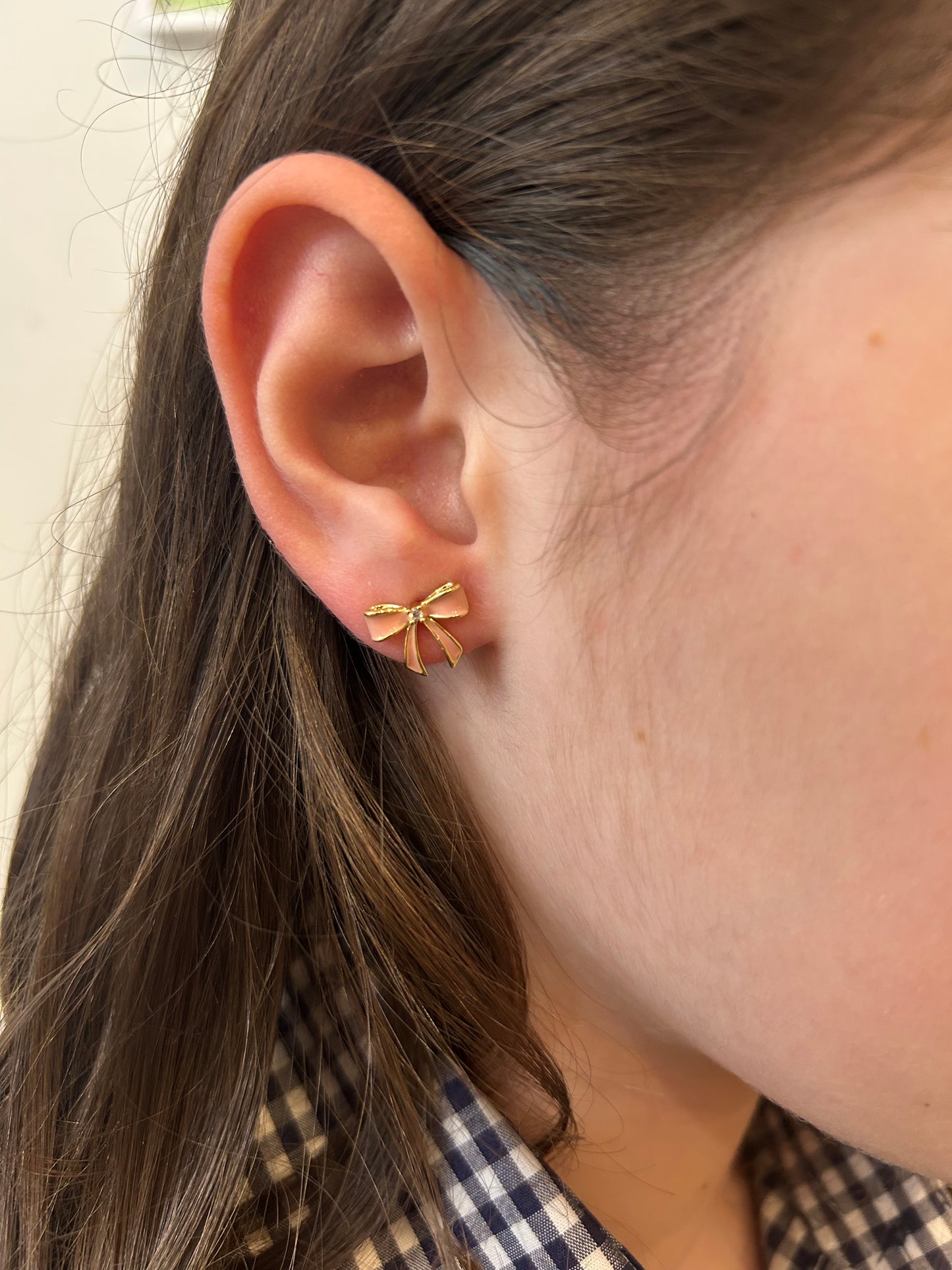 LMTS Classic! 14k Gold Plated Cz Center Enamel Bow Stud Earring