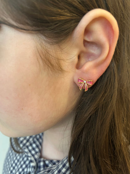 LMTS Classic! 14k Gold Plated Cz Center Enamel Bow Stud Earring