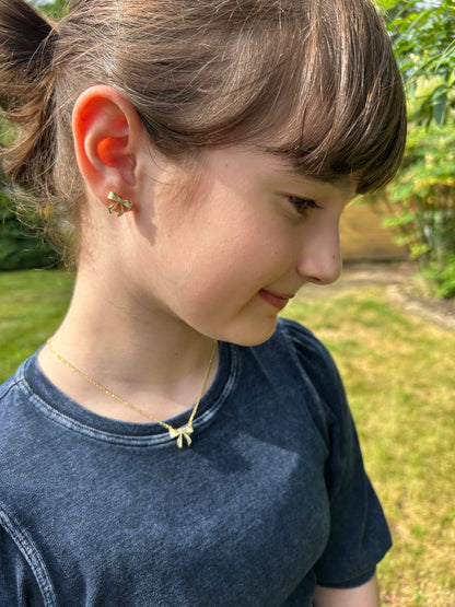 LMTS Classic! 14k Gold Plated Cz Center Enamel Bow Necklace