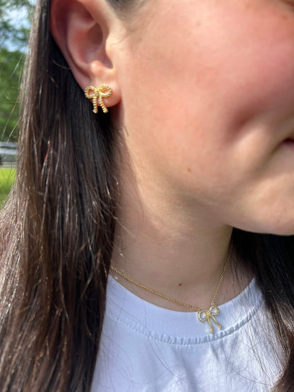 LMTS Classic! 14k Gold Plated Cz Bow Stud Earring