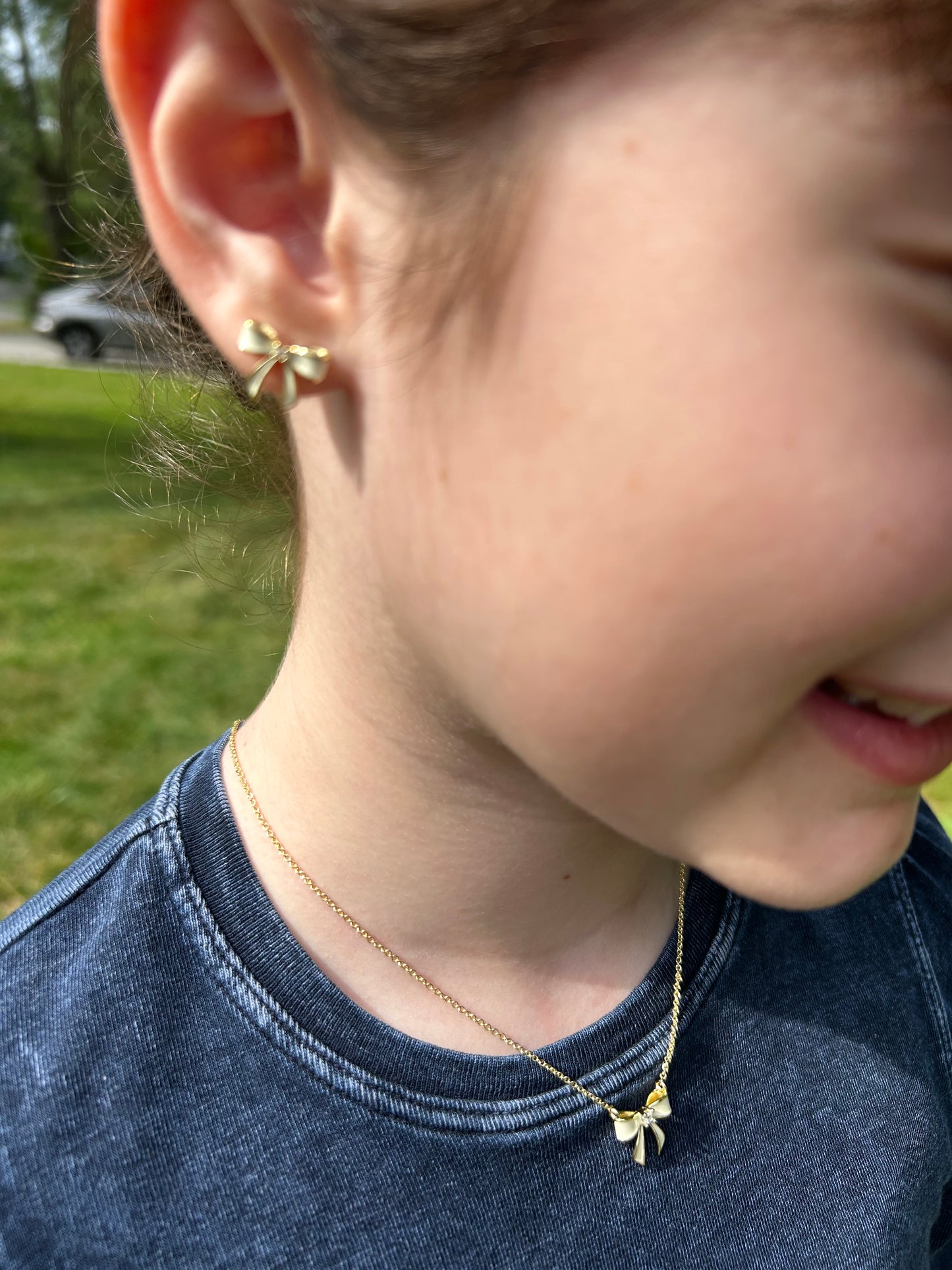 LMTS Classic! 14k Gold Plated Cz Center Enamel Bow Stud Earring