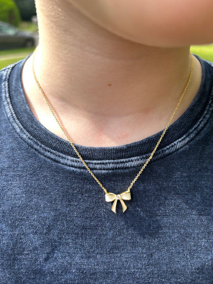 LMTS Classic! 14k Gold Plated Cz Center Enamel Bow Necklace Wholesale