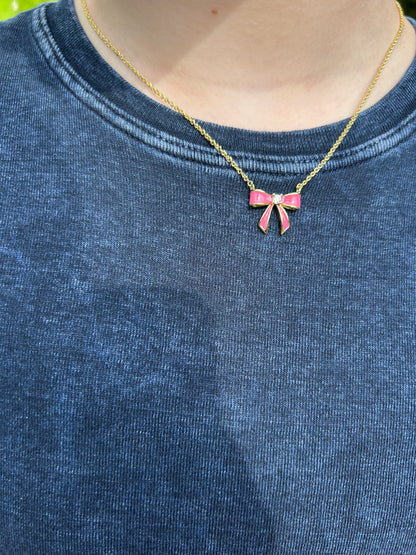 LMTS Classic! 14k Gold Plated Cz Center Enamel Bow Necklace