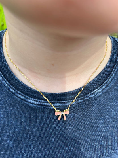 LMTS Classic! 14k Gold Plated Cz Center Enamel Bow Necklace