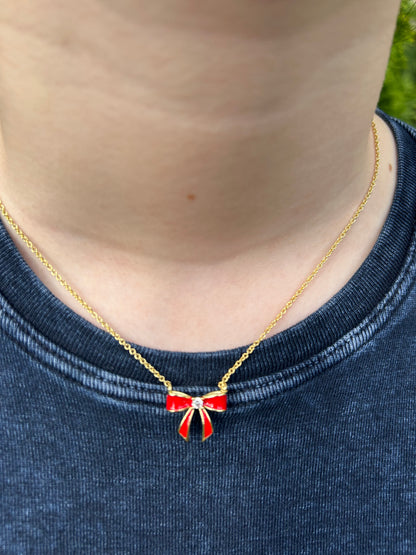 LMTS Classic! 14k Gold Plated Cz Center Enamel Bow Necklace Wholesale