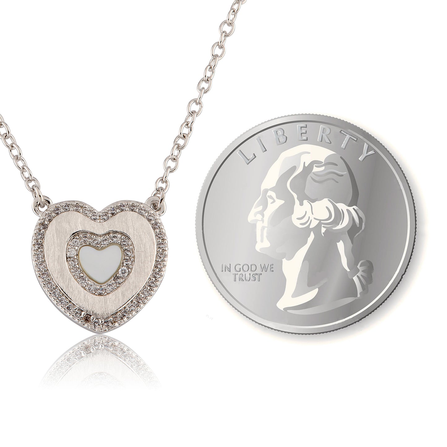 LMTS Classic! Brushed Cz Framed Mother Of Pearl Center Heart Chain Necklace