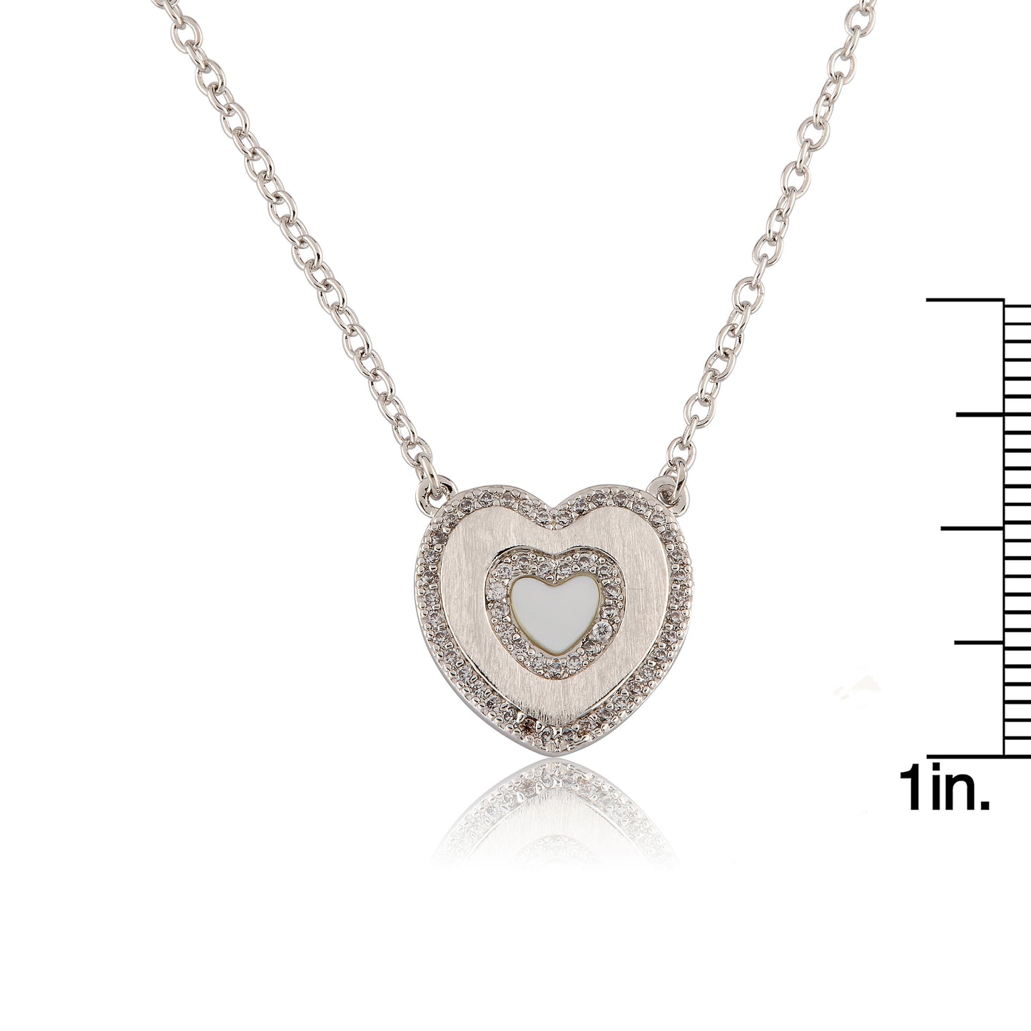 LMTS Classic! Brushed Cz Framed Mother Of Pearl Center Heart Chain Necklace