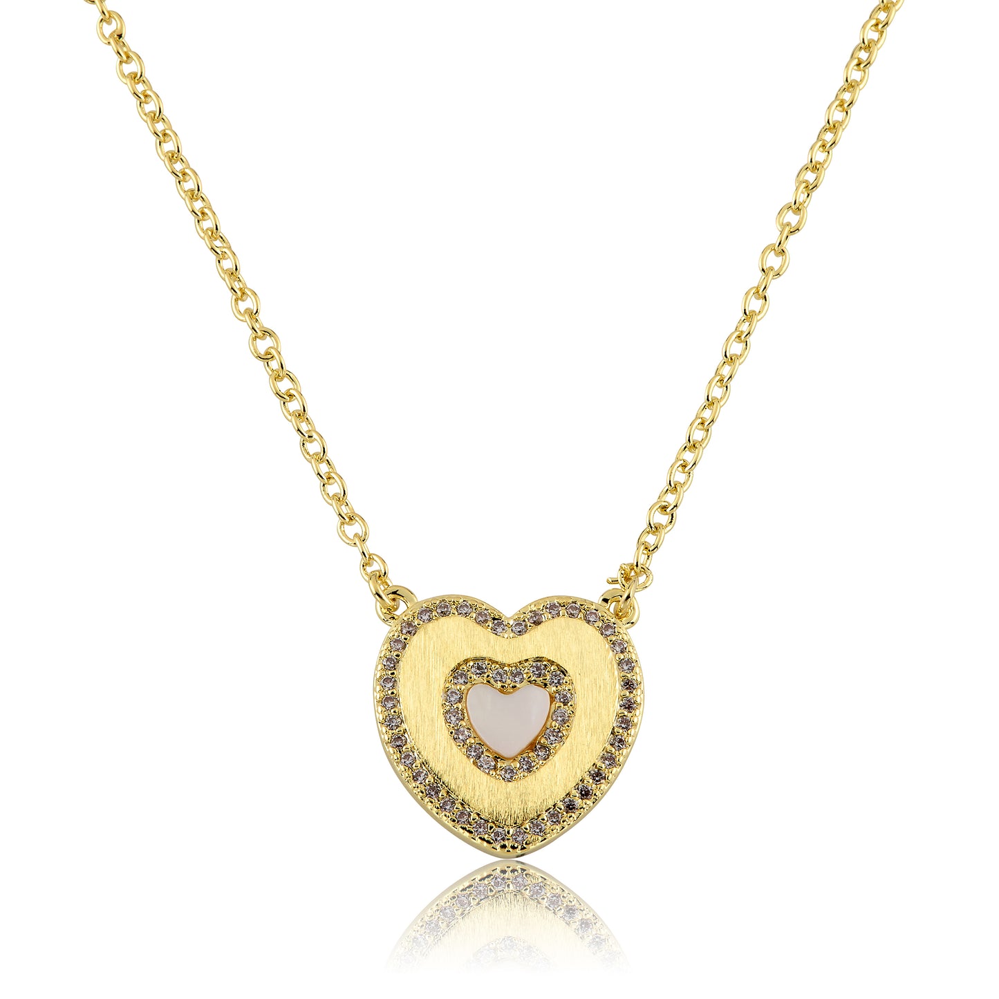 LMTS Classic! Brushed Cz Framed Mother Of Pearl Center Heart Chain Necklace