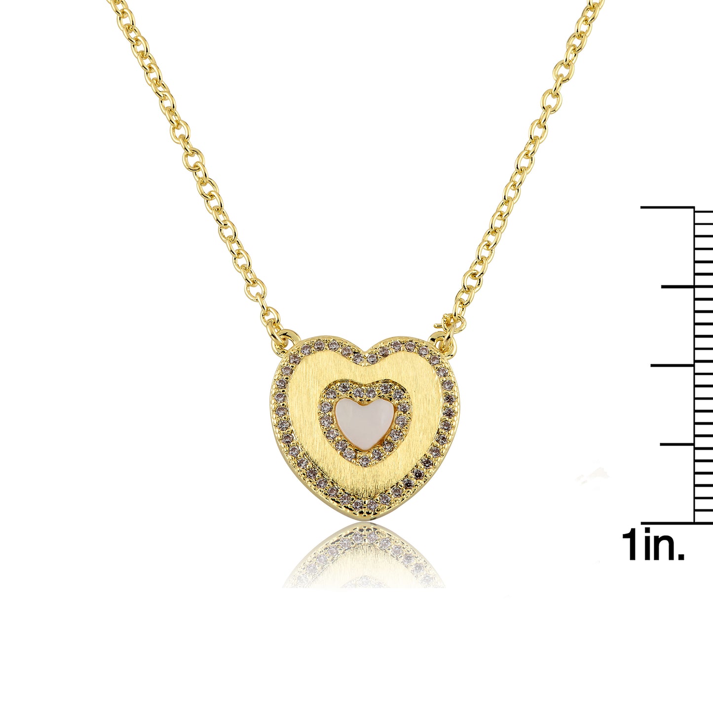 LMTS Classic! Brushed Cz Framed Mother Of Pearl Center Heart Chain Necklace