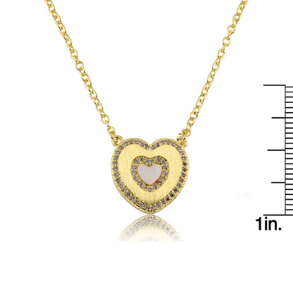 LMTS Classic! Brushed Cz Framed Mother Of Pearl Center Heart Chain Necklace