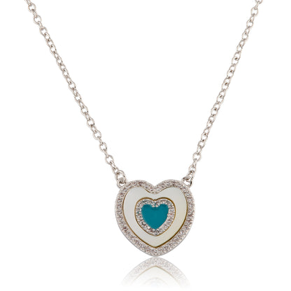 LMTS Classic! Brushed  Cz Framed Mother Of Pearl & Turquoise Center Chain Necklace