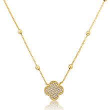 14K Gold Plated Pave CZ Clover Pendant On Bead Chain Necklace