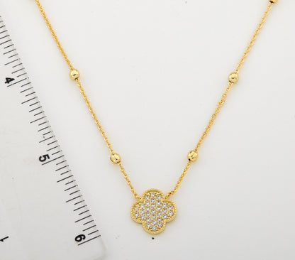 14K Gold Plated Pave CZ Clover Pendant On Bead Chain Necklace