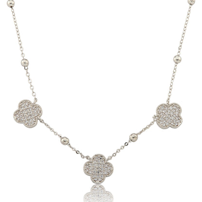 14K Gold Plated 3 Pave CZ Clover Pendants On Bead Chain Necklace