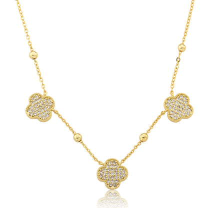 14K Gold Plated 3 Pave CZ Clover Pendants On Bead Chain Necklace