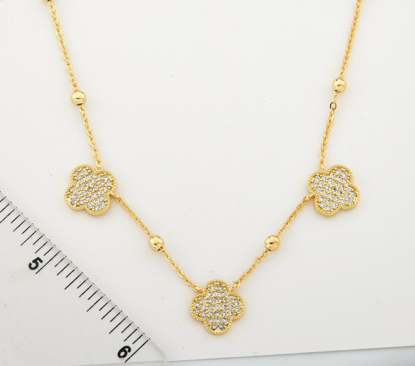 14K Gold Plated 3 Pave CZ Clover Pendants On Bead Chain Necklace