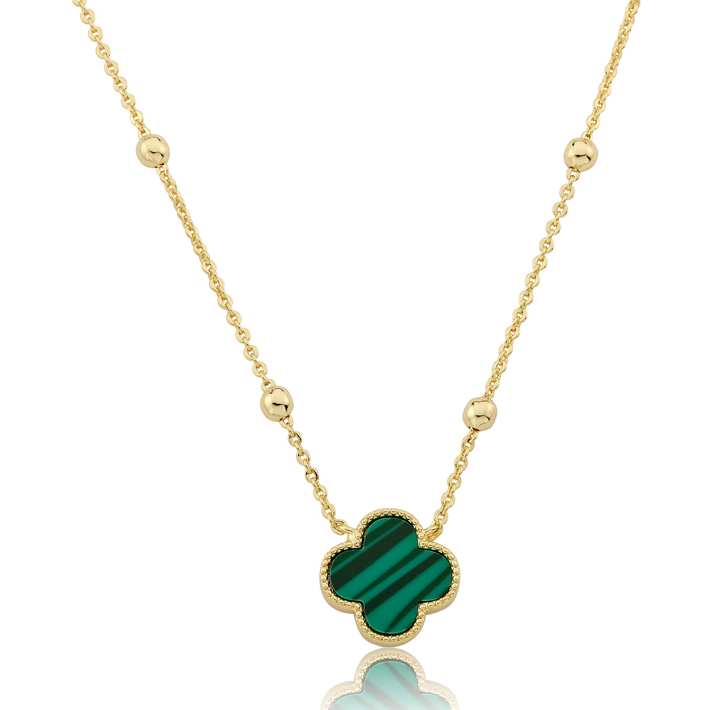 14K Gold Plated Clover Pendant On Bead Station Chain Necklace