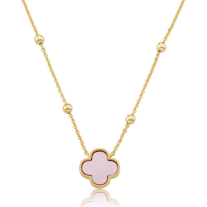 14K Gold Plated Clover Pendant On Bead Station Chain Necklace