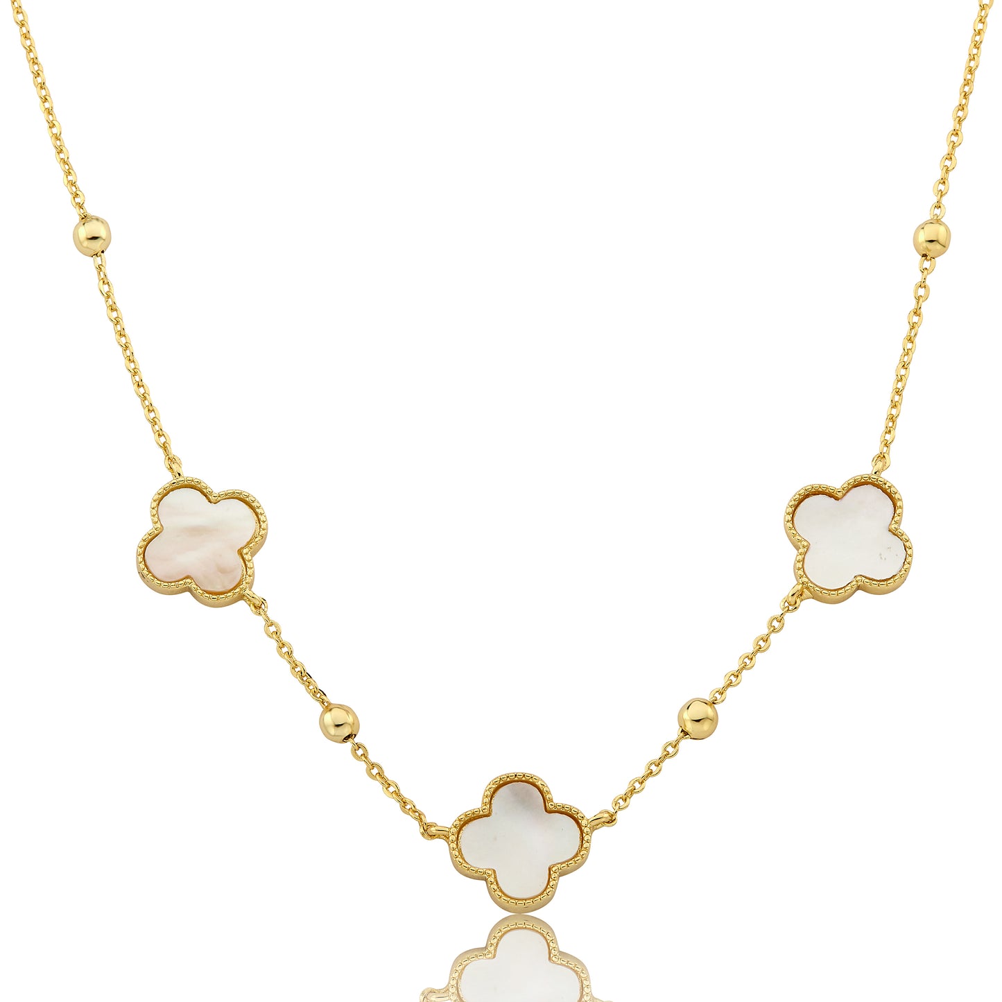 14K Gold Plated 3 Clover Pendant On Bead Station Chain Necklace