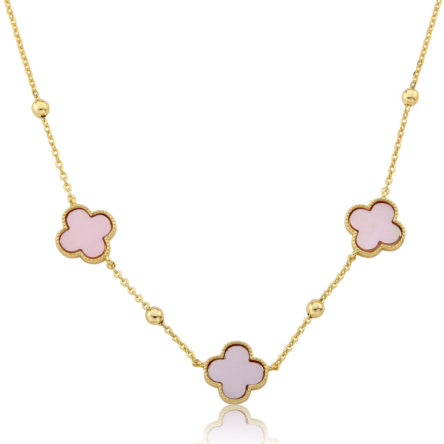 14K Gold Plated 3 Clover Pendant On Bead Station Chain Necklace