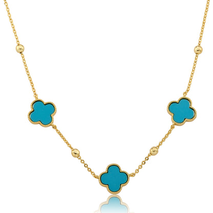 14K Gold Plated 3 Clover Pendant On Bead Station Chain Necklace