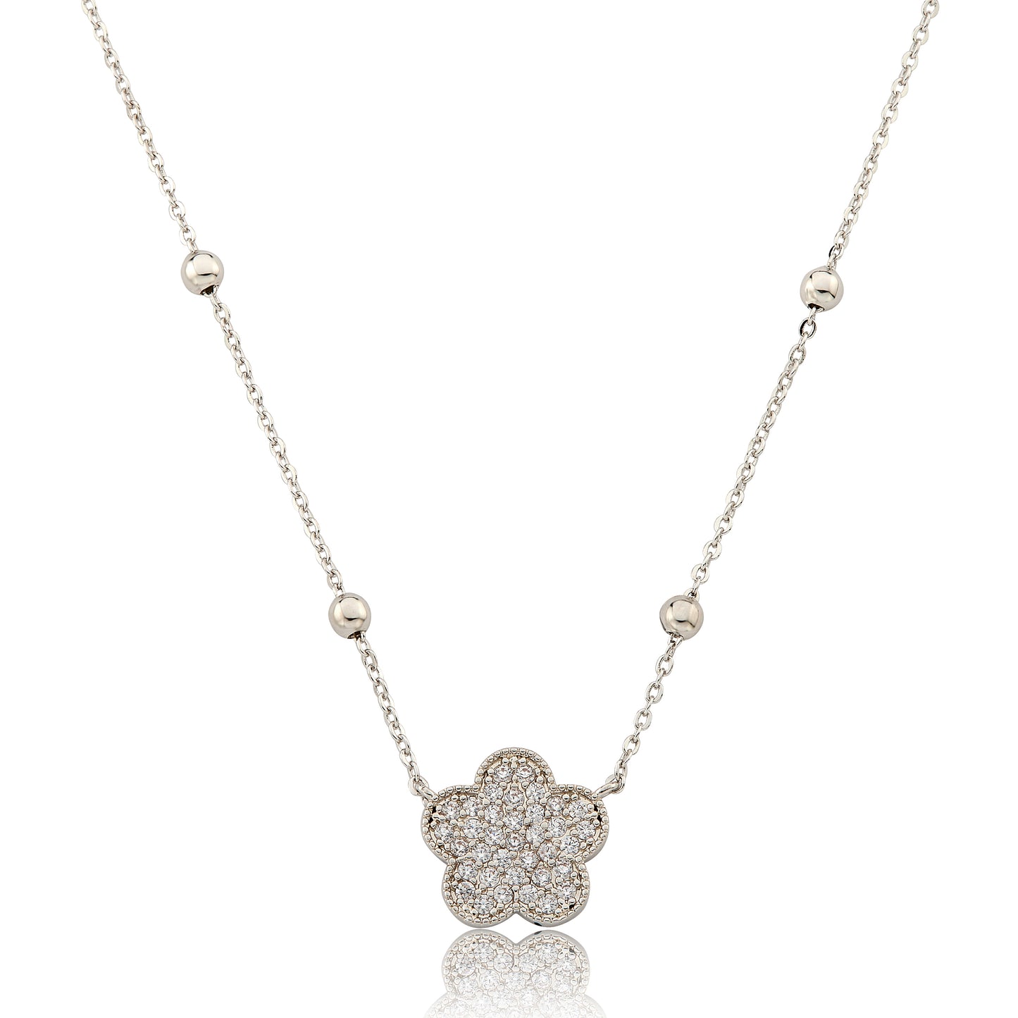 14K Gold Plated Pave CZ Flower Pendant On Bead Station Chain Necklace