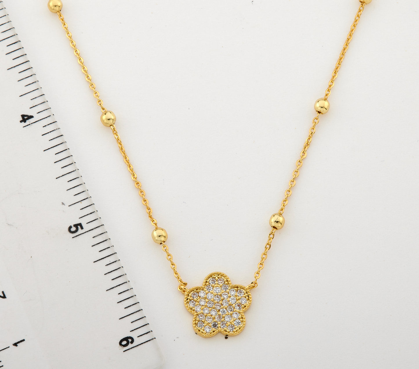 14K Gold Plated Pave CZ Flower Pendant On Bead Station Chain Necklace